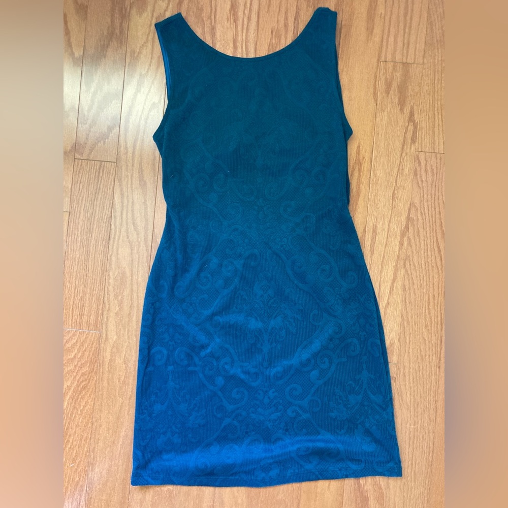 Dark teal mini dress with paisley design & cutout back
